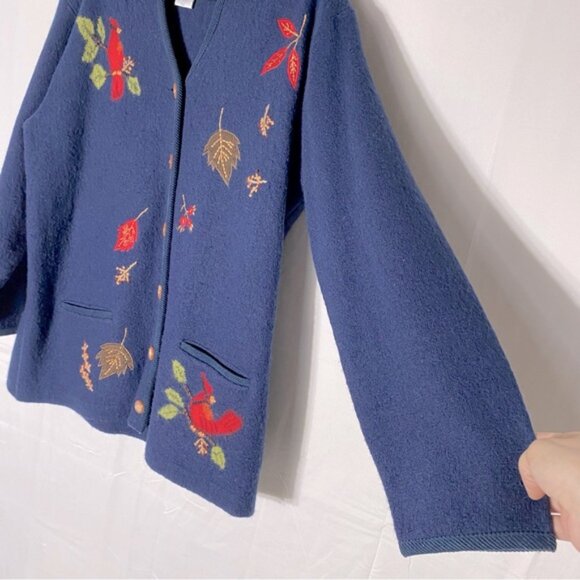 Vintage Tabi Pure New Wool Navy Blue Button Up Cardigan With Birds XL - Picture 11 of 16
